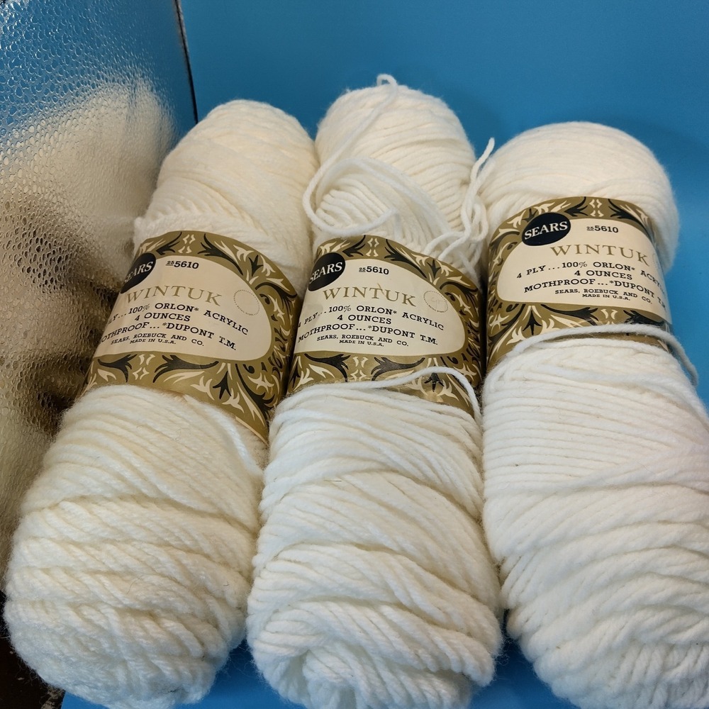 Vintage Sears Wintuk Yarn Lot 3 White Orlon Acrylic 4 Ply Made USA